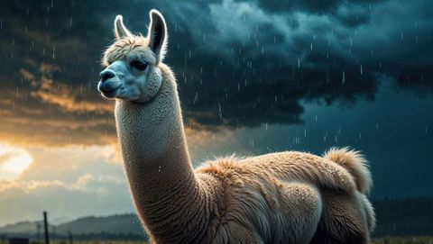 Majestic Brown Llama Stands in Rain on Grass Field