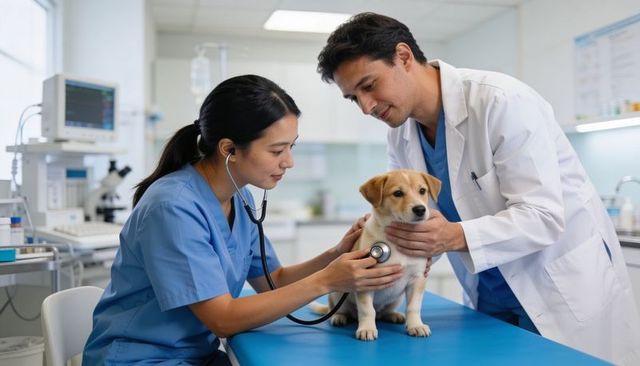 Veterinary team listening to puppy heart with stethoscope during wellness exam