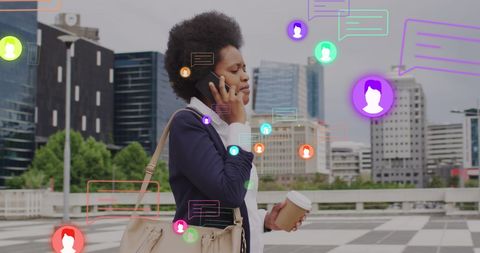 Businesswoman Navigating Social Media in Urban Environment