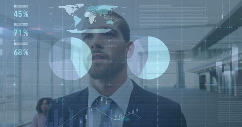 Businessman overlapping digital financial charts and global interface