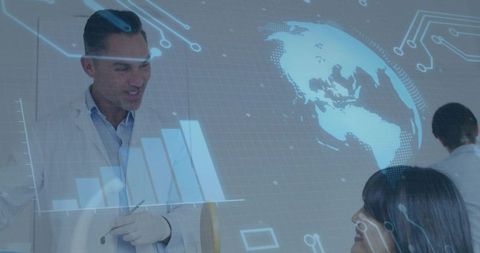 Scientist Presenting Holographic Global Data on Glass Panel in Collaborative Research Lab