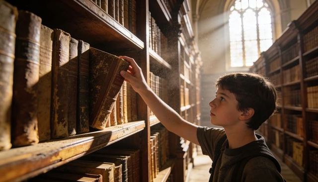 Adolescent boy exploring antique library pulling worn leather book in sunlit aisle