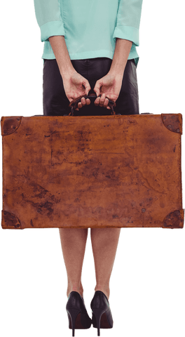 Transparent rear view of woman holding vintage suitcase