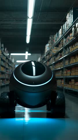 Spherical Warehouse Robot Rolling Down Aisle Scanning Shelves for Inventory Management