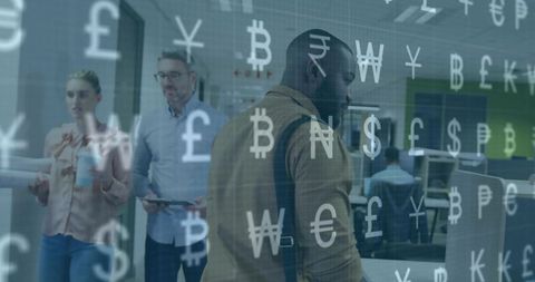 International finance colleagues discussing corporate strategy by currency symbols