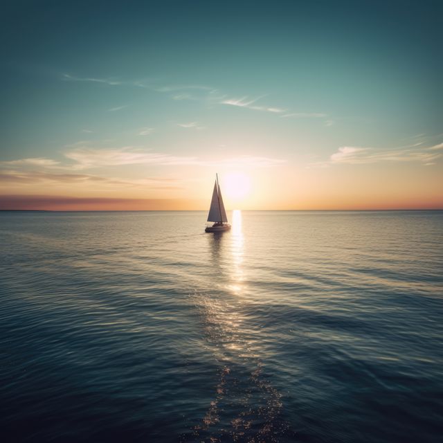 Sailboat peacefully navigating calm seas during sunset. The tranquility and serene beauty of the ocean are highlighted by the setting sun creating a warm, golden hue over the water. Perfect for concepts of peacefulness, journeys, adventure, nature's beauty, and escape. Ideal for travel ads, inspirational quotes, posters, and background images for relaxation or meditation themes.