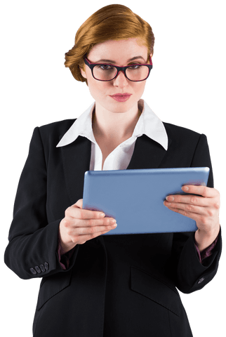 Transparent redheaded businesswoman using tablet device