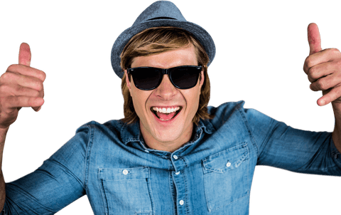 Cheerful Hipster Giving Thumbs Up in Denim and Sunglasses on Transparent Background - Download Free Stock Videos Pikwizard.com
