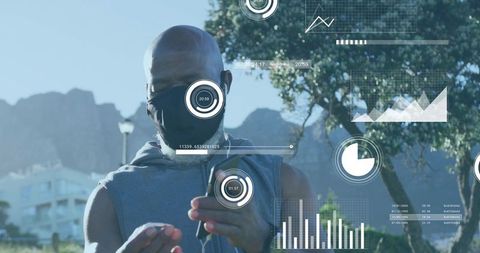 Man tracking fitness with augmented reality overlays on smartphone during outdoor workout