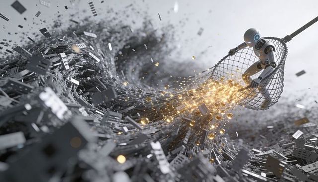 Robot scooping gold data particles from circuit vortex with net for futuristic ai concept