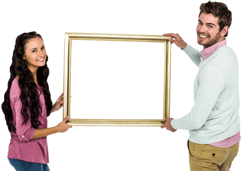 Couple smiling holding gold frame with transparent background