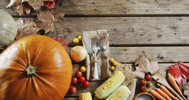 Rustic autumn harvest scene featuring fresh vegetables like pumpkin, corn, tomatoes, and carrots on a wooden table with fall leaves. Perfect for Thanksgiving themes, farmer's market promotions, or seasonal restaurant menus.