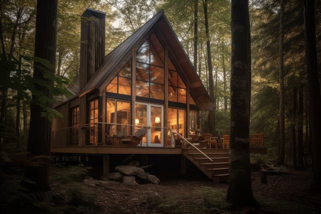 Warm and inviting cabin glowing with interior lighting in a misty forest setting at dusk. Ideal for use in promotions for vacation rentals, outdoor retreats, tranquility, and rustic living. Perfect for illustrating remote getaways, serene environments, and natural beauty.