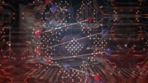 DNA Strand Overlay on Circuit Board with Data Elements