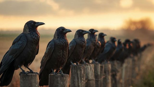 Crows perched on rural fence at sunset