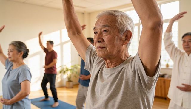 Asian seniors practicing tai chi in sunlit studio raising arms for balance and calm