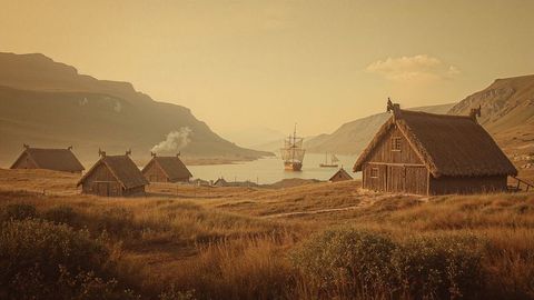 Coastal valley with rustic thatched viking huts and sailing ship