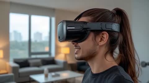 Young man experiencing VR in modern apartment, turning and smiling during virtual tour