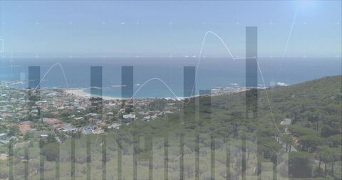 Coastal view and urban landscape with overlayed data visualization