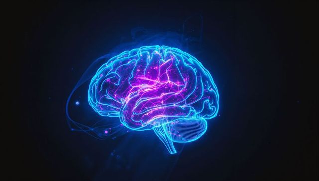 Futuristic Holographic Brain with Neon Outline and Pulsating Pathways