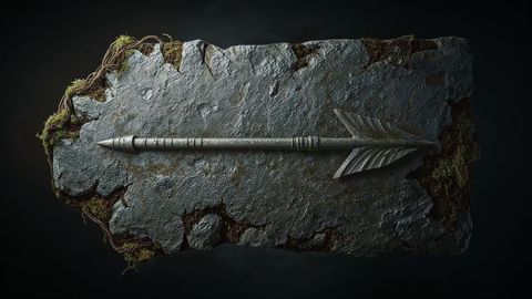 Ancient stone slab with engraved arrow and moss detail