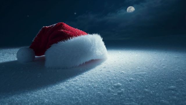 Moonlit Santa Hat Resting on Sparkling Snow at Night