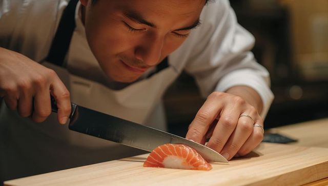 Sushi Chef Slicing Salmon with Precision at Counter
