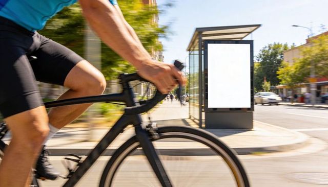 Cyclist pedaling past urban bus shelter with blank advertising panel for mockups