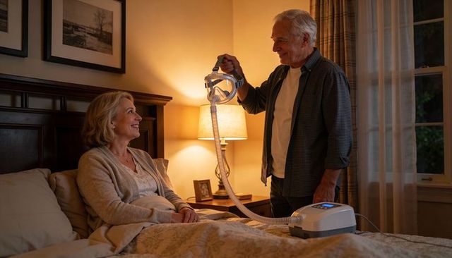 Senior couple using cpap machine in cozy bedroom for sleep apnea and restful night care