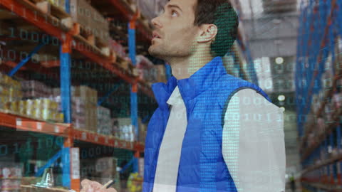Warehouse Worker Analyzing Digital Data Overlays