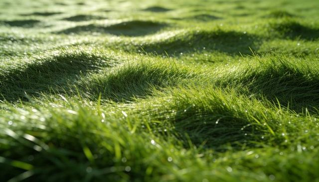 Dew-kissed grass tufts glistening in golden morning light, closeup meadow texture