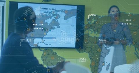 Woman Presenting Quarterly Report with Global Map Projection in Modern Office