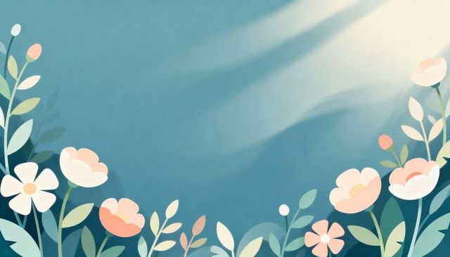 Pastel floral border framing teal gradient with sunrays and soft spring blooms