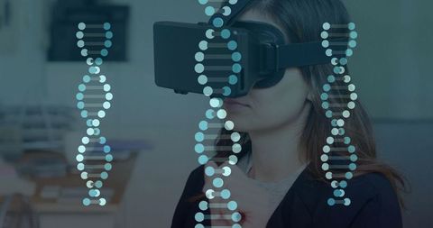 Business researcher wearing vr headset with digital dna helix