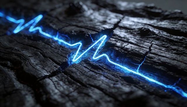 Electric blue neon vein tracing jagged crack in charred wood macro texture