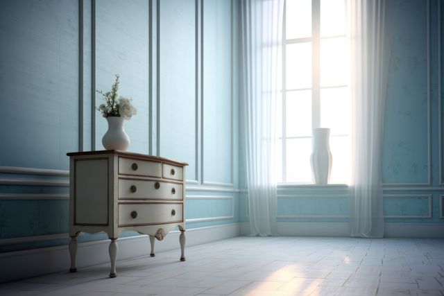 Classic blue interior featuring vintage dresser bathed in sunlight. Sunlight streams in through large windows with white sheer curtains. Perfect for home decor presentations, interior design advertising, and lifestyle blogs focusing on elegance and style.