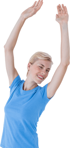 Happy Blonde Woman in Blue Shirt Stretching with Transparent Background - Download Free Stock Videos Pikwizard.com