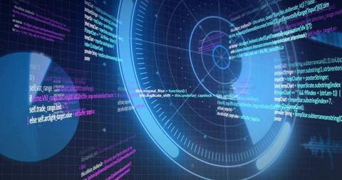 Futuristic Holographic HUD with Circular Radar and Glowing Code Overlays for Tech Analytics
