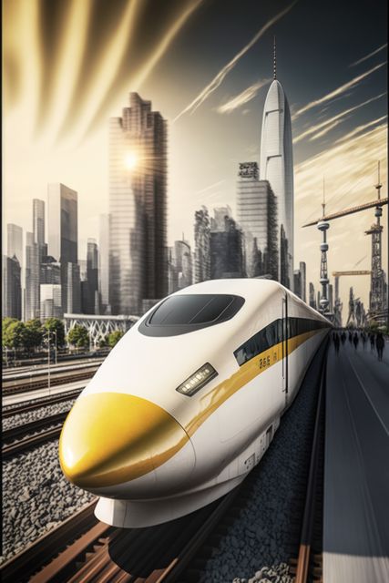High-speed bullet train speeding through a modern cityscape with towering skyscrapers at sunset. Ideal for depicting concepts of fast transportation, technological advancement, modern urban living, and the future of cities. Perfect for use in travel brochures, technology and innovation articles, urban development presentations, and advertisements for train services and futuristic technology.