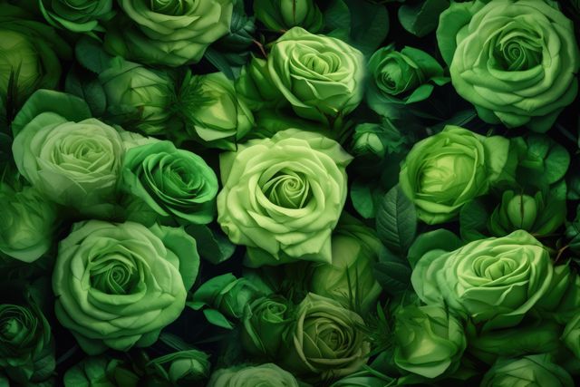 Full frame of green roses background, created using generative ai technology. Flower, nature, colour and wallpaper concept digitally generated image.