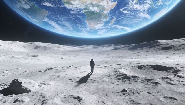 Astronaut standing on moon plain facing giant earthrise with long shadow over cratered regolith