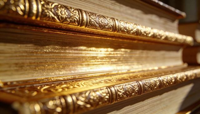 Ornate gilded book spines and gilt edges reflecting warm light on vintage leather volumes