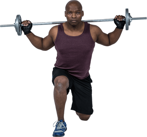 Strong athlete lifting heavy barbell transparent background