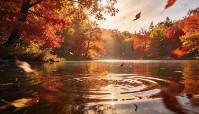 Serene autumn lake ripples with falling leaves and golden sunlight through colorful forest