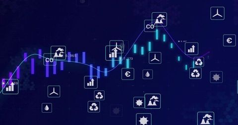 Energy Market Analytics Dashboard with Candlestick Bars, Trends and Sustainability Icons