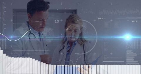 Physicians Consulting Tablet with Futuristic Medical HUD and Augmented Data Overlay