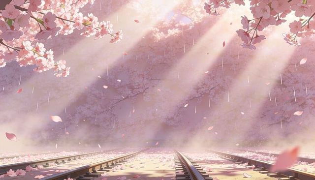 Misty cherry blossom railroad receding into sunbeams with falling petals and spring mist