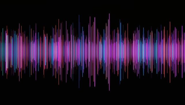 Pulsing neon audio waveform visualizing vibrant cyan magenta pink spectrum on black background