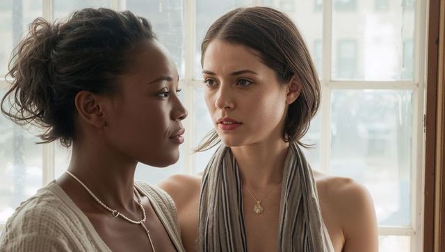 Two women sharing intimate window-side moment, closeup portrait with soft light