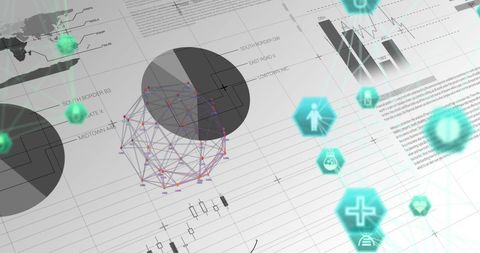 Digital network connections overlaying financial data analysis